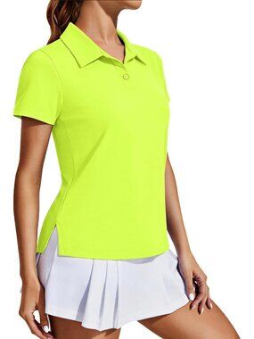 Women's Neon Yellow Golf Shirt UPF50+ Polo Short Sleeve 3 Button Tennis Top